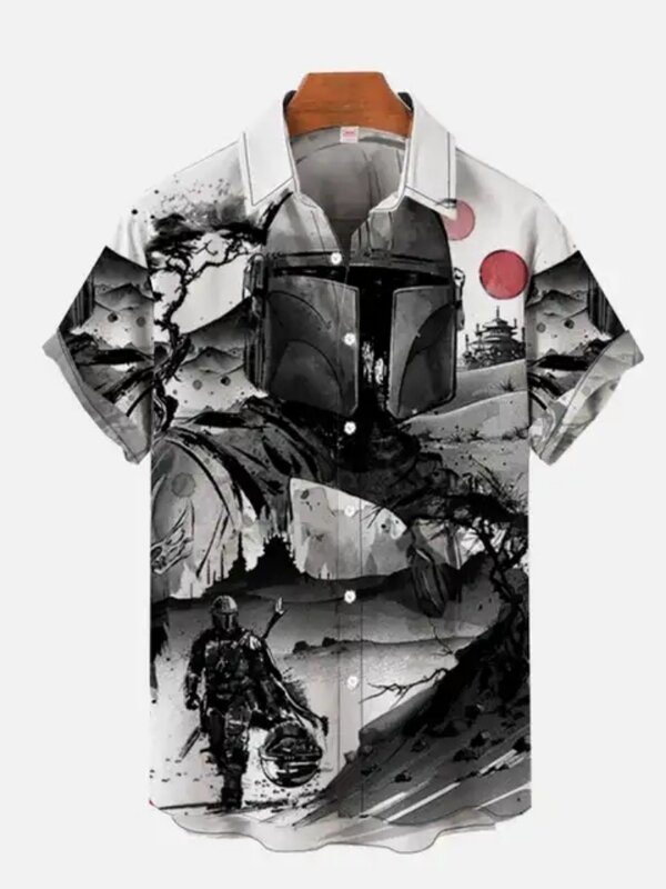 الرجال الرجعية ملثمين الساموراي هاواي قميص عارضة مع الطباعة ، بلوزة فضفاضة قصيرة ، صالح سليم ، خمر اليابان هارجاو ، Y2K