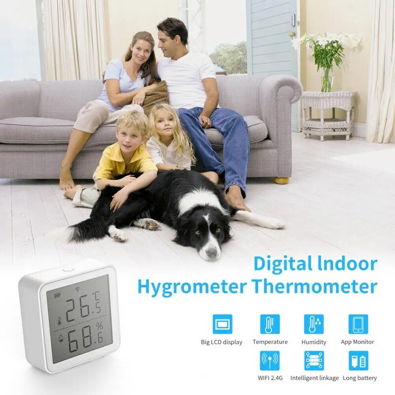 واي فاي الذكية استشعار درجة الحرارة والرطوبة ، شاشة LCD ، شاشة رقمية ، ميزان الحرارة الذكي ، العمل مع اليكزا ، جوجل المنزل