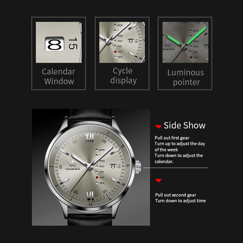 ساعة كوارتز جلدية مقاومة للماء من OLEVS للرجال ، تصميم الأسبوع ، التقويم ، ساعات العمل ، الموضة الجديدة