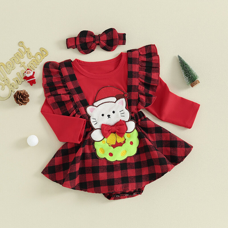 الرضع طفل الفتيات منقوشة الكرتون طباعة عيد الميلاد رومبير فستان ، طويلة الأكمام ، Bowknot تنورة ، تنحنح حللا ، عقال