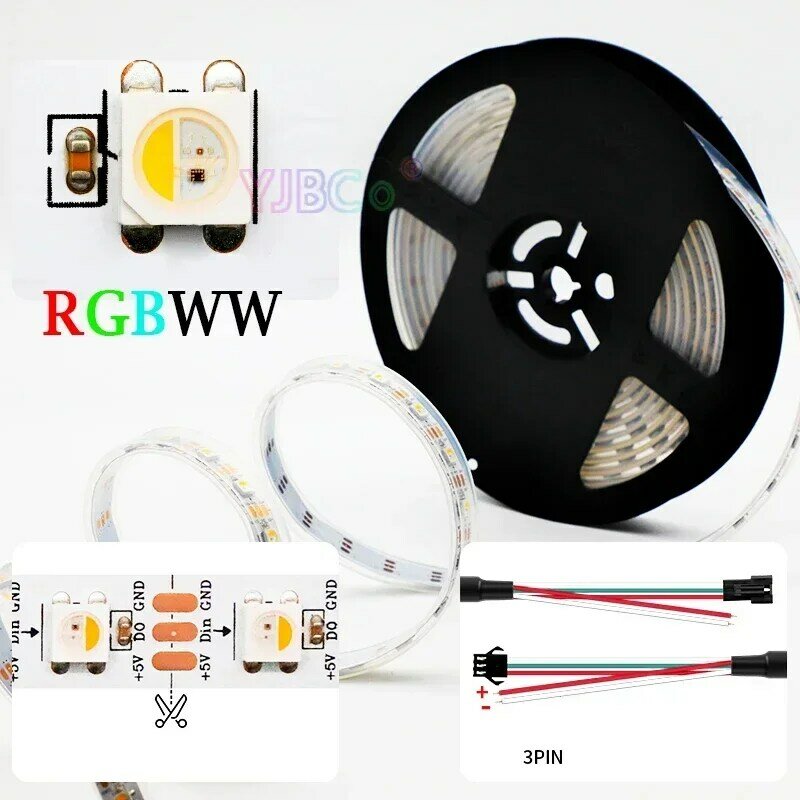 شريط إضاءة ليد قابل للعنونة ، شريط مصباح مرن ، 4 ألوان في 1 ، RGBW ، RGBWW ، SMD ، RGB + WW ، IC ، SK6812 ، 30 ، 60 ، LED ، m ، 5 فولت