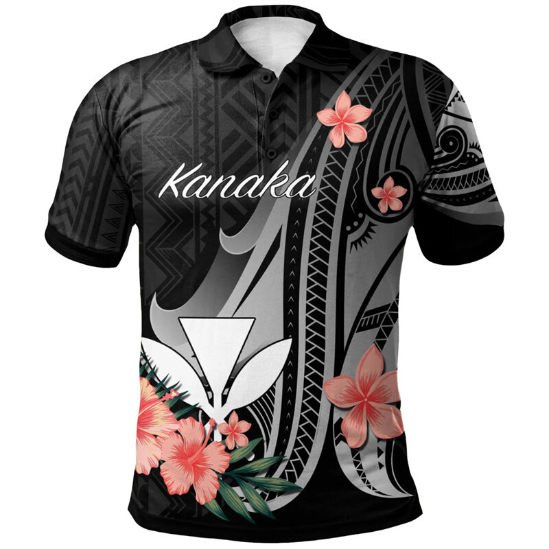 قميص بولو هاواي للرجال ، طباعة ثلاثية الأبعاد ، بلوميريا قبلية ، قميص بولو زر ، قمم الشوارع الكبيرة ، المحملات قصيرة الأكمام