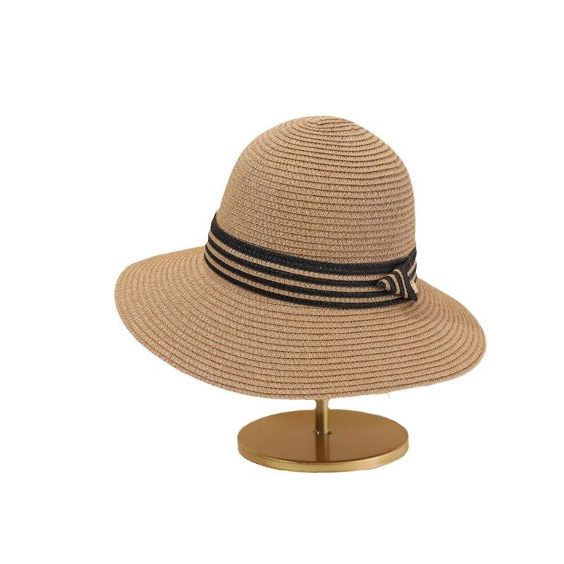 قبعة من القش أنيقة فرنسية للنساء ، قبعة شمس صيفية للعطلات الشاطئية ، حافة كبيرة للتسوق غير رسمي بسيط