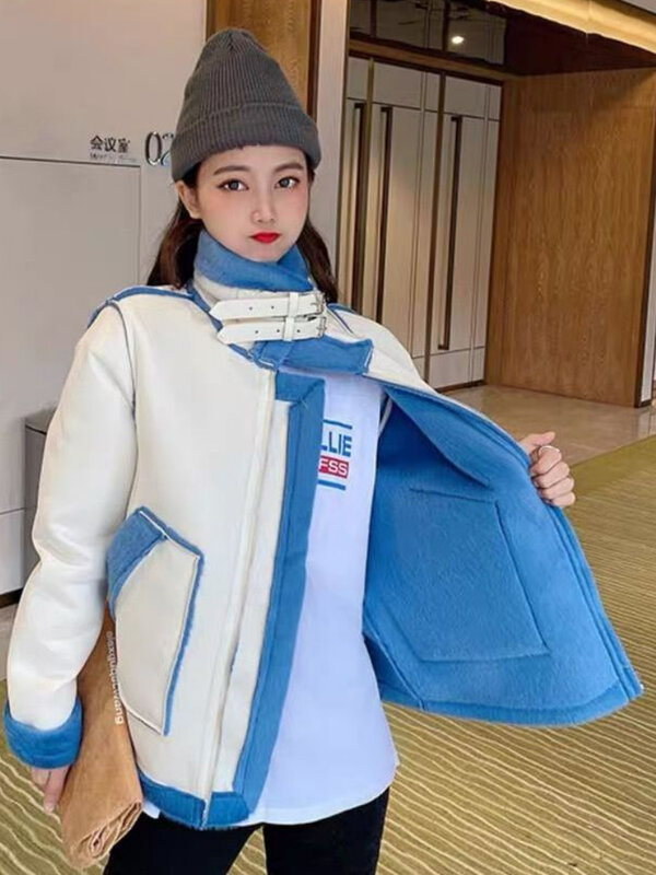 Casual Faux Fur Leather Jacket Women 2022 Autumn Loose Warm Spliced High Street Moto Jacket Female Korean Fashion PU Chic Coats