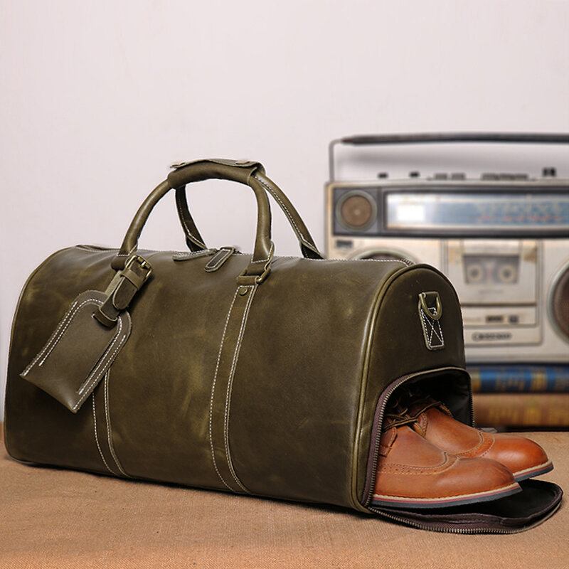 Vintage الطبقة الأولى حقيبة سفر جلدية للرجال سعة كبيرة في عطلة نهاية الأسبوع حقيبة يد حقيبة السفر اليدوية جلد البقر حقيبة كروسبودي