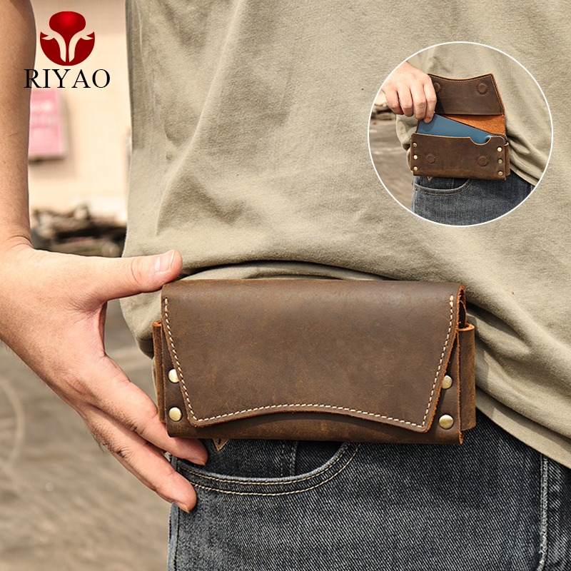 حقيبة خصر من الجلد الطبيعي للرجال ، حقيبة هاتف عتيقة ، طبقة مزدوجة ، حقيبة ، حزام الحافظة ، حافظة للمحفظة