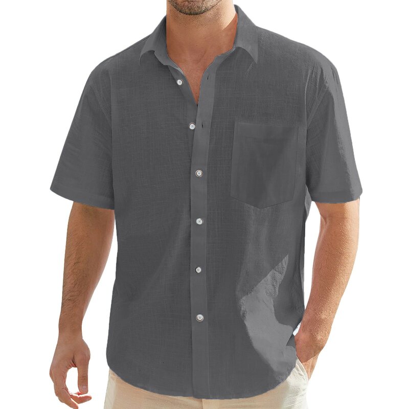 قميص بأكمام قصيرة أحادي اللون للرجال ، توب غير رسمي ، قمصان عطلة ، كبيرة وطويلة ، الربيع والصيف