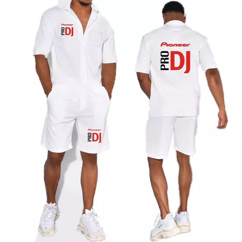 بدلة رجالية صيفية بأكمام قصيرة مع إبزيم ، قميص منفوخ مطبوع من Pioneer Pro Dj ، ملابس عطلات الشاطئ ، ملابس مريحة فضفاضة