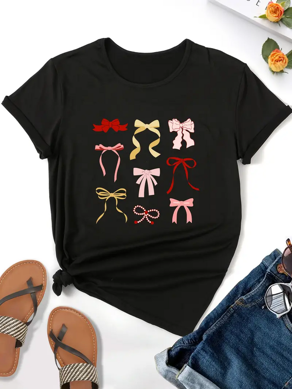 Colorful bow sweet short sleeved casual women's fashion women's pattern T-shirt women's printed summer T-shirt