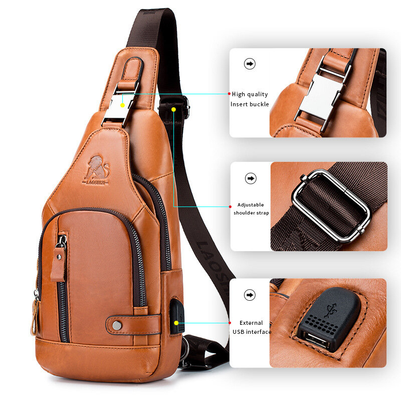 العلامة التجارية 100% جلد أصلي للرجال الصدر جيب حقائب كروسبودي مع USB قابلة للشحن السفر حقيبة صدر للرجال يناسب 7.9 بوصة جيوب iPai