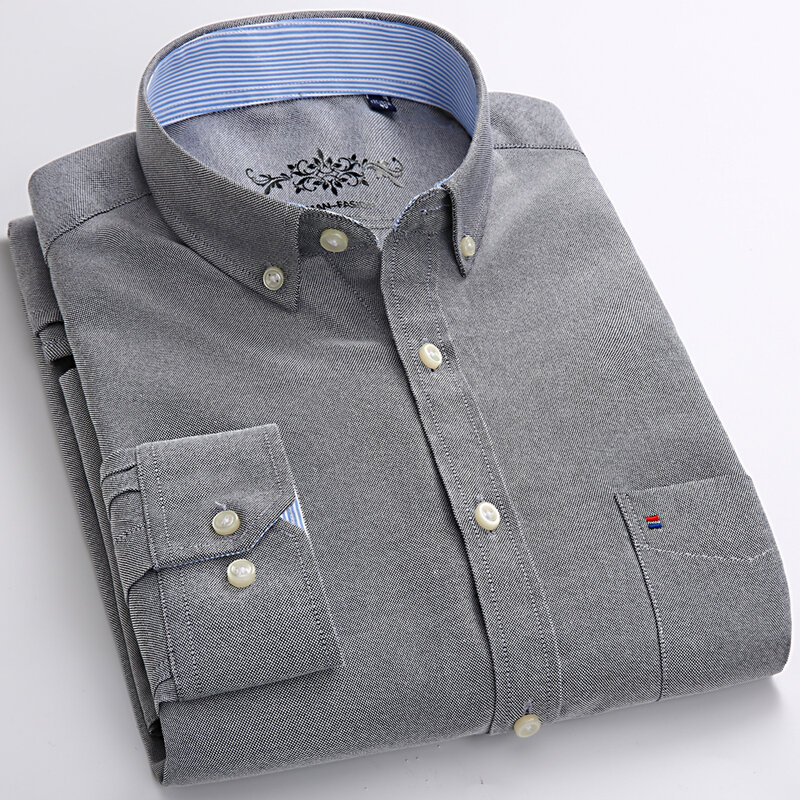 الرجال الموضة طويلة الأكمام الصلبة قميص أكسفورد جيب التصحيح واحد تصميم بسيط عادية القياسية صالح زر أسفل الياقة قمصان