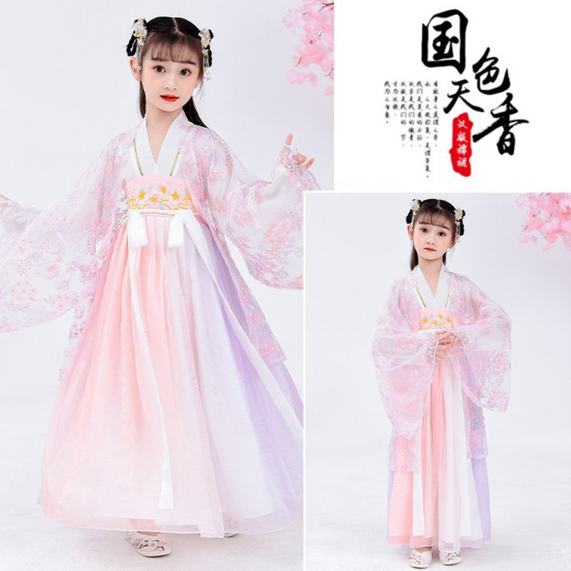 الفتيات الأطفال زي الأميرة التقليدية الصينية نمط الصدر تنورة كاملة دعوى الربيع والخريف الاطفال الوردي فستان Hanfu