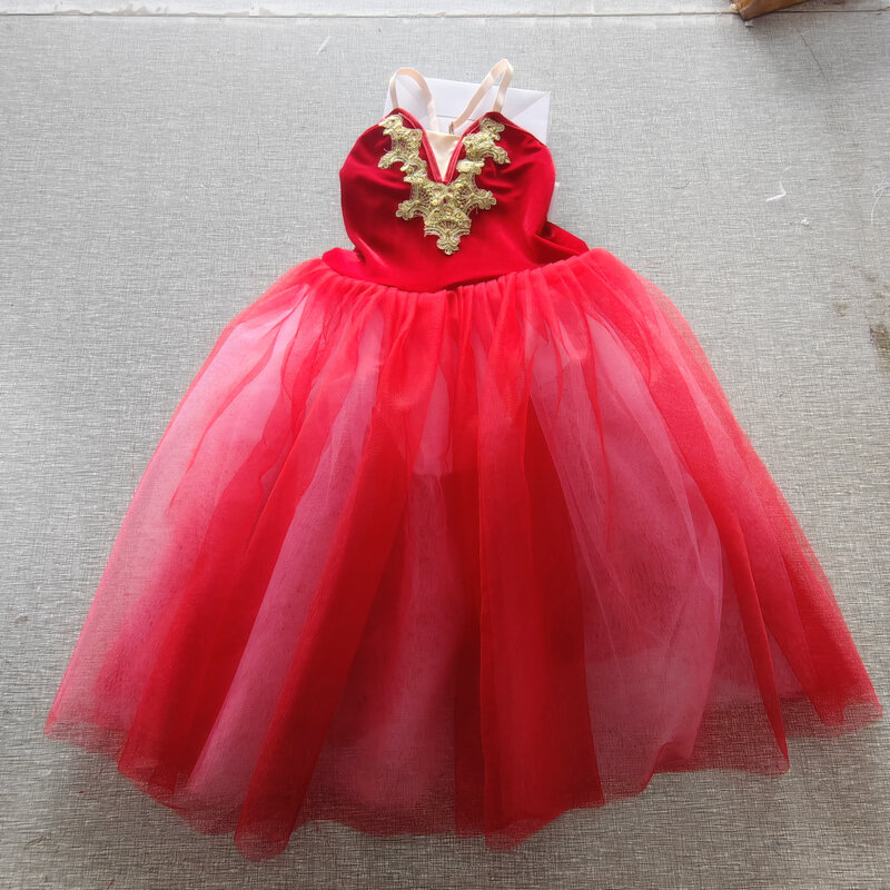 فستان طويل أحمر باليه توتو فستان تنورة بحيرة البجعة حبال الفتيات أزياء الأداء المهني Vestidos Chica Bailarina
