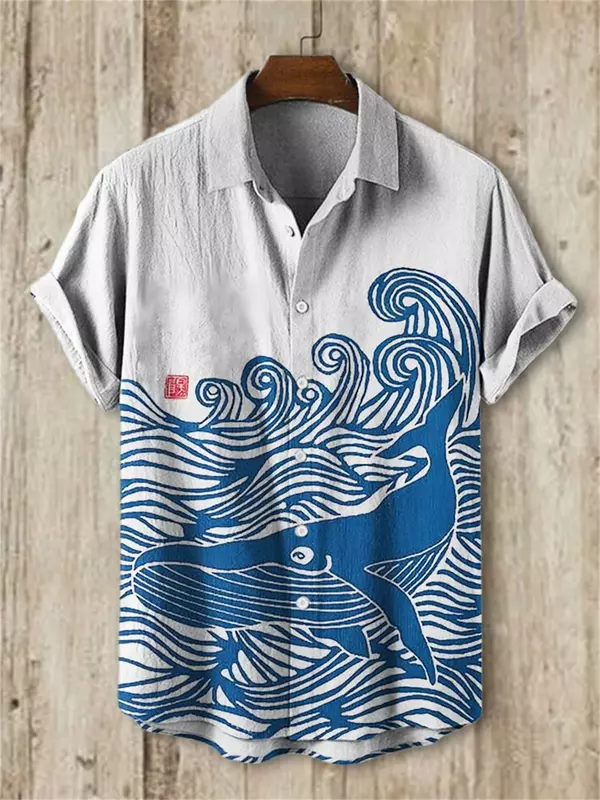 قميص هاواي بأكمام قصيرة مع طبعة حوتية ، قميص كتان فني ياباني عتيق ، ياقة قلاب ، صدر واحد ، جديد ، كارديجة