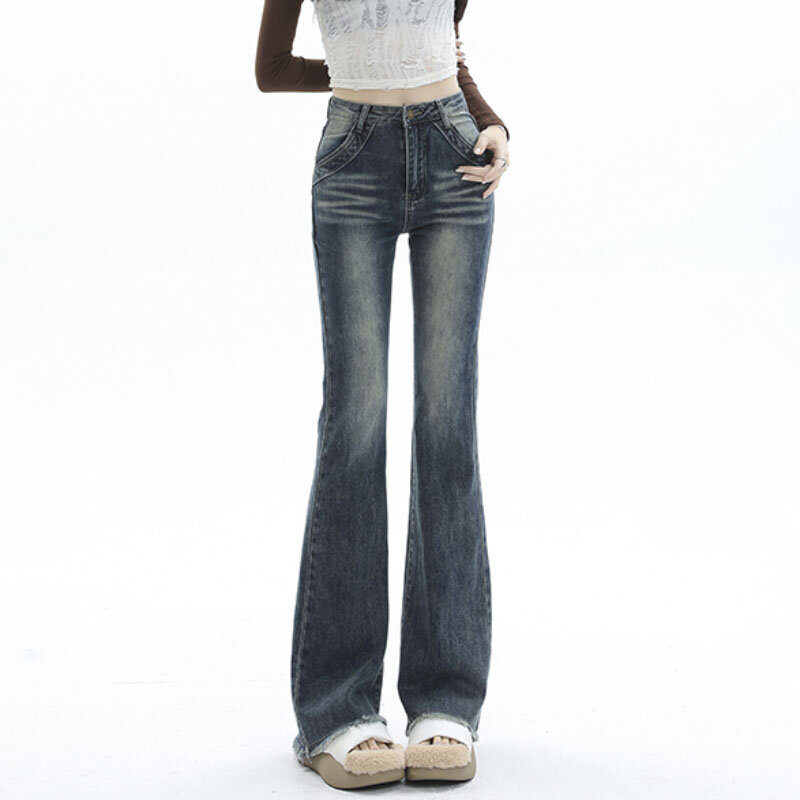 بنطلون جينز نسائي واسع بخصر عالٍ من قماش الدنيم بنطلون جينز ضيق للأمهات بتصميم عتيق يمتد 90 ثانية بنطلون Y2k