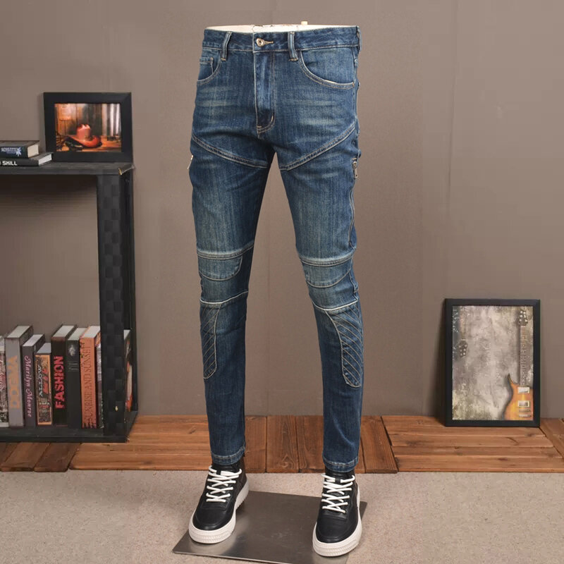 بنطلون جينز رجالي عصري من Streetwear بتصميم كلاسيكي أزرق قابل للتمدد ومناسب للجسد مزود بجزء من الجينز للرجال نمط الهيب هوب سراويل للرجال مُرقعة