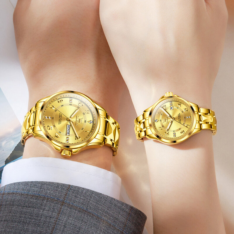 ساعة يد كوارتز كلاسيكية مقاومة للماء من OLEVS للرجال والنساء ، ساعة حبيب ، ذهبية ، أصلية ، فاخرة ، علامة تجارية ، يوم ، تاريخ ، زوج