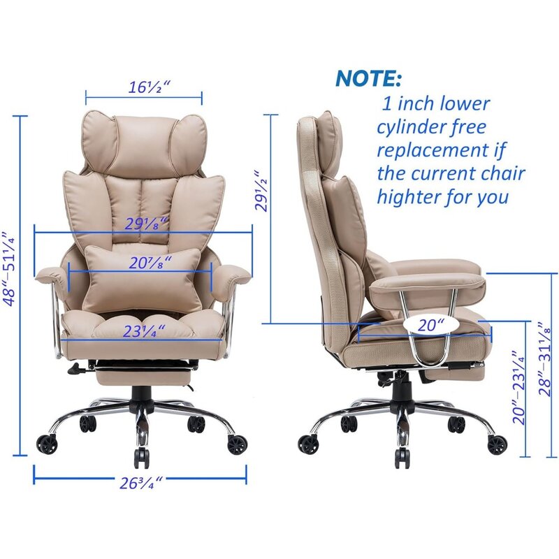 كرسي مكتب من الجلد الصناعي مع مسند للساق ودعم للخصر ، كرسي كمبيوتر طويل ، بيج غامق ، 400 رطل