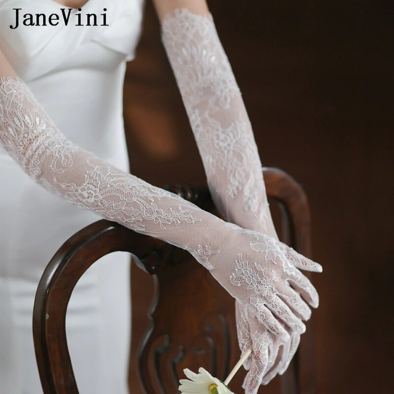 JaneVini Guantes Largos أنيقة 60 سنتيمتر الدانتيل طويل قفازات الزفاف قفازات الزفاف إصبع كامل الأبيض العروس النساء اكسسوارات الحفلات