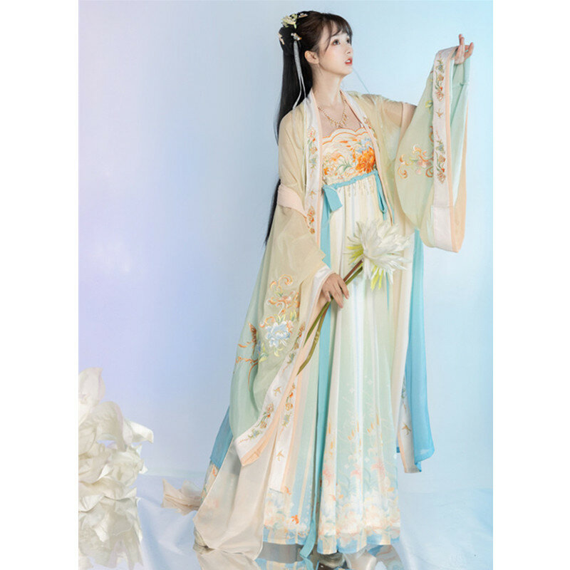 فستان هانفو للسيدات مصنوع من قطعة واحدة من التانغ تنورة رو مطرزة على الطراز الصيني للبنات هانفو للربيع والصيف