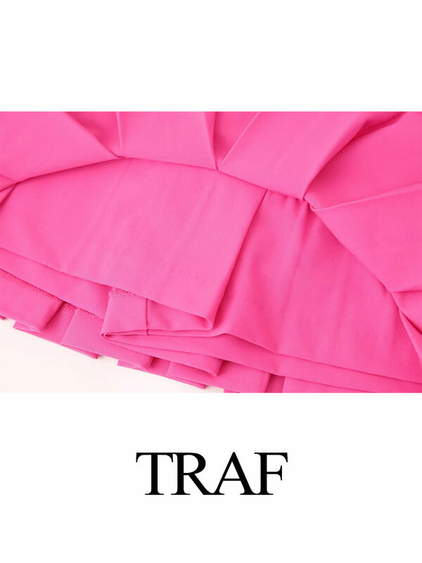 TRAF-سراويل صيفية غير رسمية للنساء ، ثنيات عريضة ، أحادية اللون ، متوسطة الارتفاع ، على شكل حرف A ، نحيفة ، صغيرة ، تنورة أنيقة ، بنطلون قصير