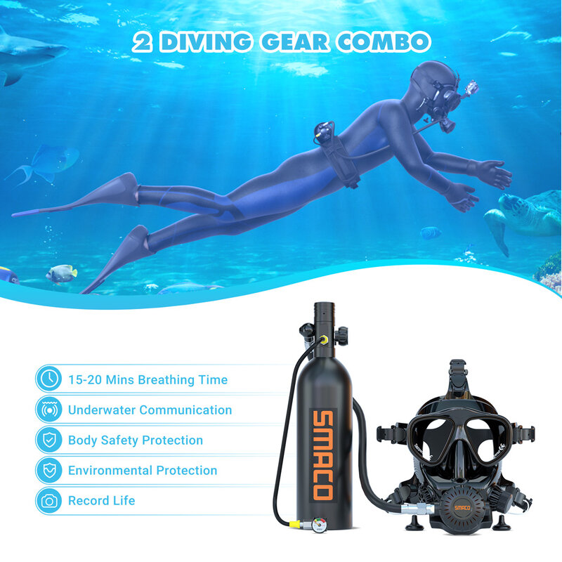 SMACO خزان صغير كامل الوجه الغوص قناع الغوص خزان قابلة لإعادة الاستخدام المهر زجاجة الغوص اسطوانة تحت الماء استكشاف الإنقاذ