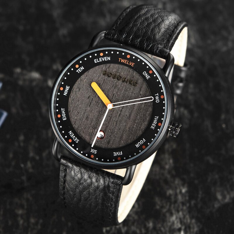 BOBO BIRD حزام جلد طائر ساعة يابانية حركة كوارتز ساعات معصم رجالية ساعة عرض التاريخ ساعات خشبية هدية للرجال مخصصة