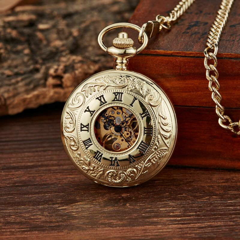 خمر آلات نحت الفاخرة ساعة جيب للرجال محفورة حالة الأرقام الرومانية فوب سلسلة قلادة ساعة لجمع هدية