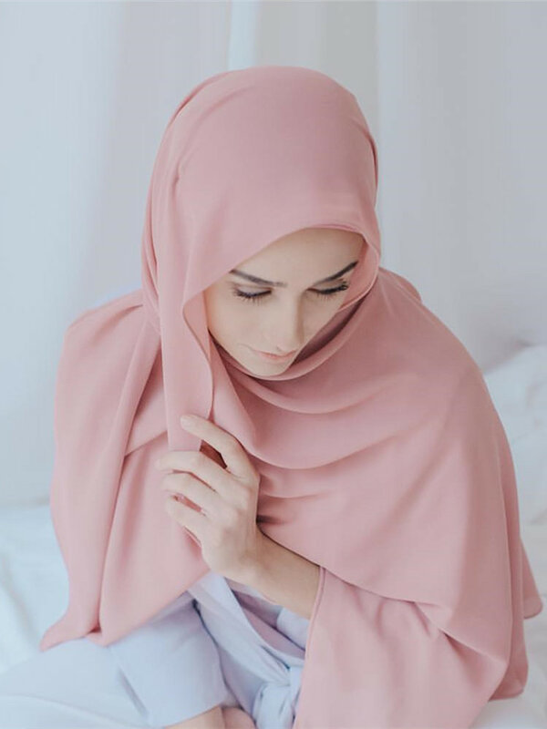 وشاح حرير شيفون إسلامي للنساء ، حجاب ، لون سادة ، شالات طويلة وناعمة ، جورجيت ، للرأس الإسلامية