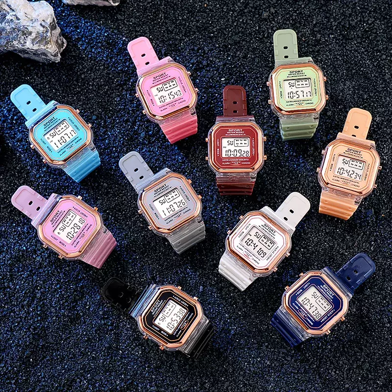 موضة العلامة التجارية طالب شفافة ساعة إلكترونية كاندي متعدد الألوان LED السيدات الرياضة مقاوم للماء ساعة اليد ساعة هدية relógio