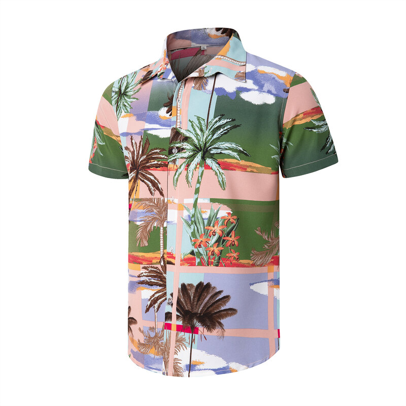 قمصان رجالية خفيفة الوزن مطبوعة بالأزهار بأكمام قصيرة ، أزرار لأسفل ، بوليستر ، ملابس شاطئ صيفية ، طقم هاواي