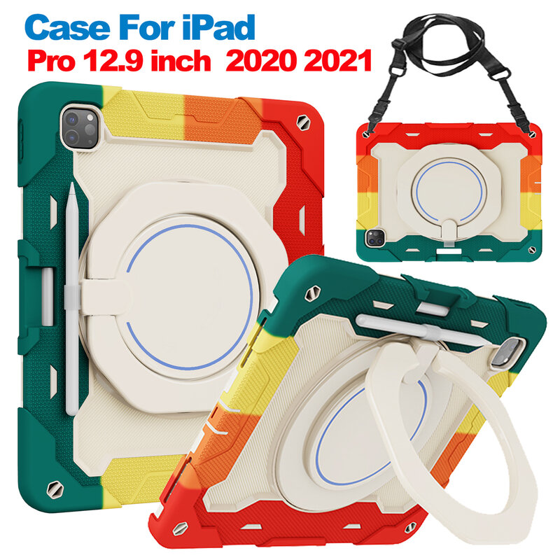 حافظة الجهاز اللوحي لجهاز iPad Pro مقاس 12.9 بوصة 2020 2021 حافظة مضادة للصدمات للأطفال مزودة بغطاء حماية حلقي حامل بمقبض حلقي
