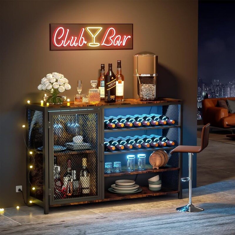 خزانة بار WASAGUN للخمور والنظارات والنبيذ مع أضواء LED ومنافذ الطاقة وطاولة البار وطاولة الكوكتيل
