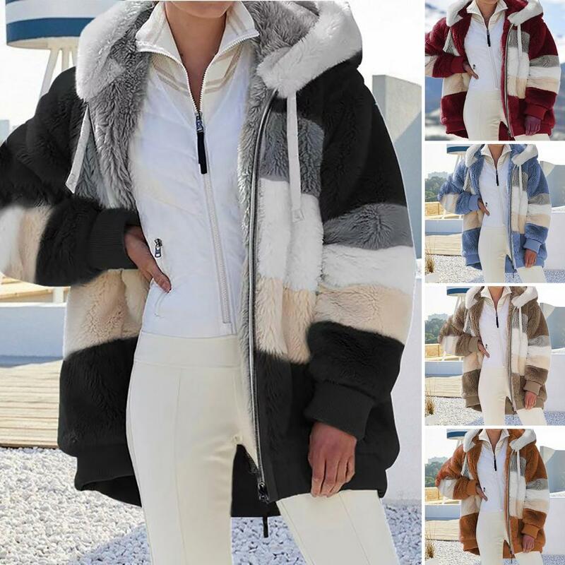 معطف الشتاء الأنيق لسيدة ، سترة أنيقة ، كتلة اللون ، الكفة مرنة ، مطابقة الألوان ، مقنعين