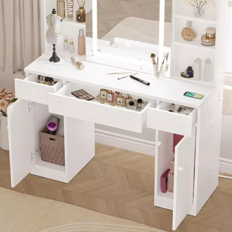 مجموعة منضدة زينة مع مرآة مضيئة ومقبس طاقة ليد ، منضدة زينة من 7 أدراج ، طاولة تخزين ، مناسبة لغرفة النوم ، بيضاء