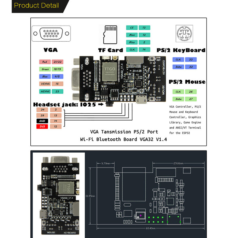 TTGO VGA VGA32 ESP32 PSRAM وحدة V1.4 تحكم PS/2 لوحة مفاتيح وماوس الرسومات مكتبة لعبة المحرك ومحطة ANSI/VT