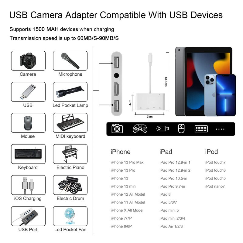 محول الصوت الرقمي مع USB مزدوج و OTG Hub ، ضوء نينغ إلى HDMI ، الصوت لايف ستريم محول ، استخدام مع i-Phone ، i-Pad إلى 1080p TV ، هيئة التصنيع العسكري