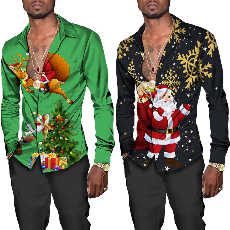 أحدث عيد الميلاد الرجال متعدد الألوان طباعة قمصان عطلة الاحتفال قصيرة/كم كامل تأثيري زر البلوزات السنة الجديدة الديكور