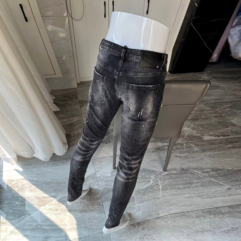 بنطلون جينز للرجال بتصميم كلاسيكي باللونين الأسود والرمادي بتصميم ممزق مرن من الجلد للرجال سراويل للرجال ماركة هيب هوب