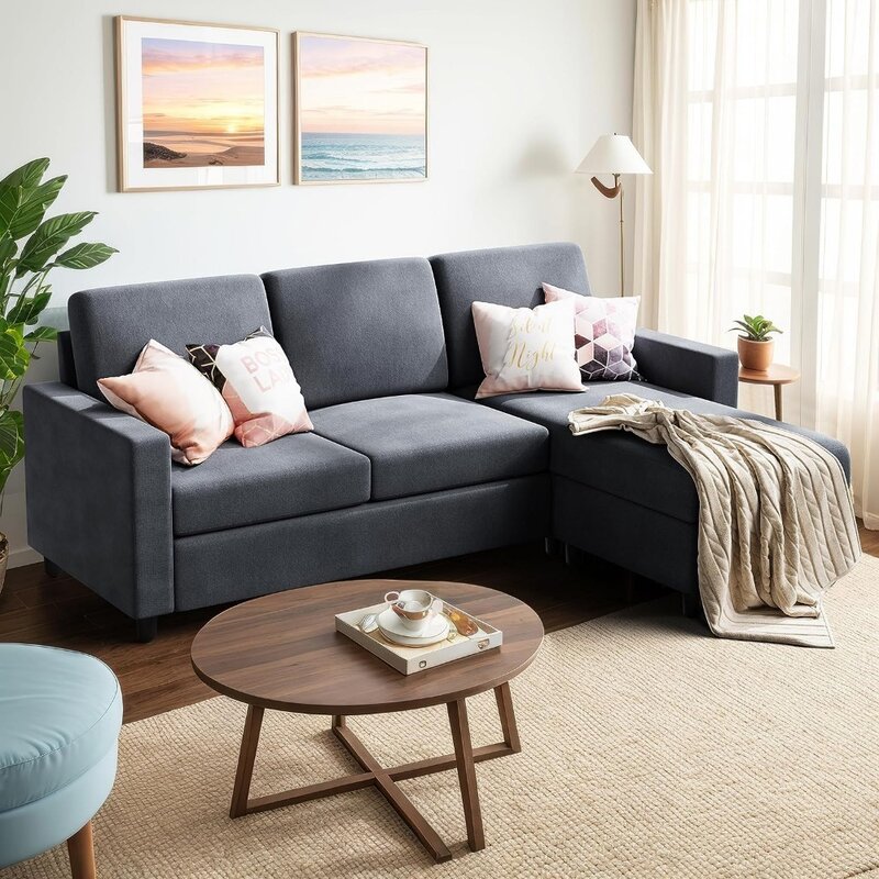 أريكة قماشية من الكتان لغرفة المعيشة ، أريكة على شكل حرف l ، أريكة بثلاثة مقاعد مع كرسي قابل للعكس