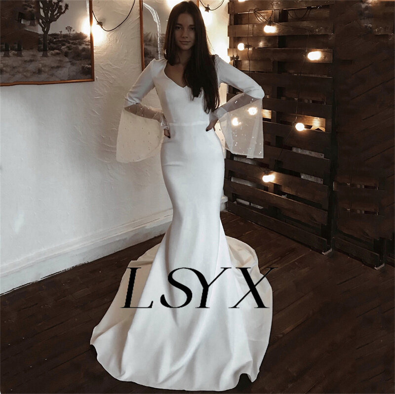 فستان زفاف LSYX-V-Neck بأكمام طويلة مضيئة للنساء ، كريب ، مطرز ، قطع الظهر ، ذيل محكمة ، حورية البحر ، فستان الزفاف ، مصنوع حسب الطلب