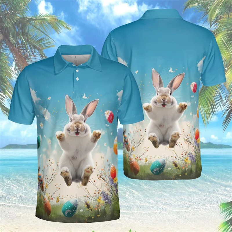 أرنب عيد الفصح للرجال قميص بولو مطبوع ثلاثي الأبعاد ، قميص فضفاض كبير الحجم ، كاجوال يومي ، بأكمام قصيرة ، قمم الشوارع ، الصيف