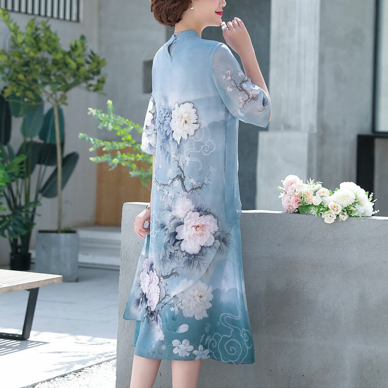فستان متوسط الطول بطبعة زهور على الطراز الصيني للنساء ، ياقة قائمة ، نصف كم ، غير متماثل ، فساتين متباسمة ، موضة صيفية
