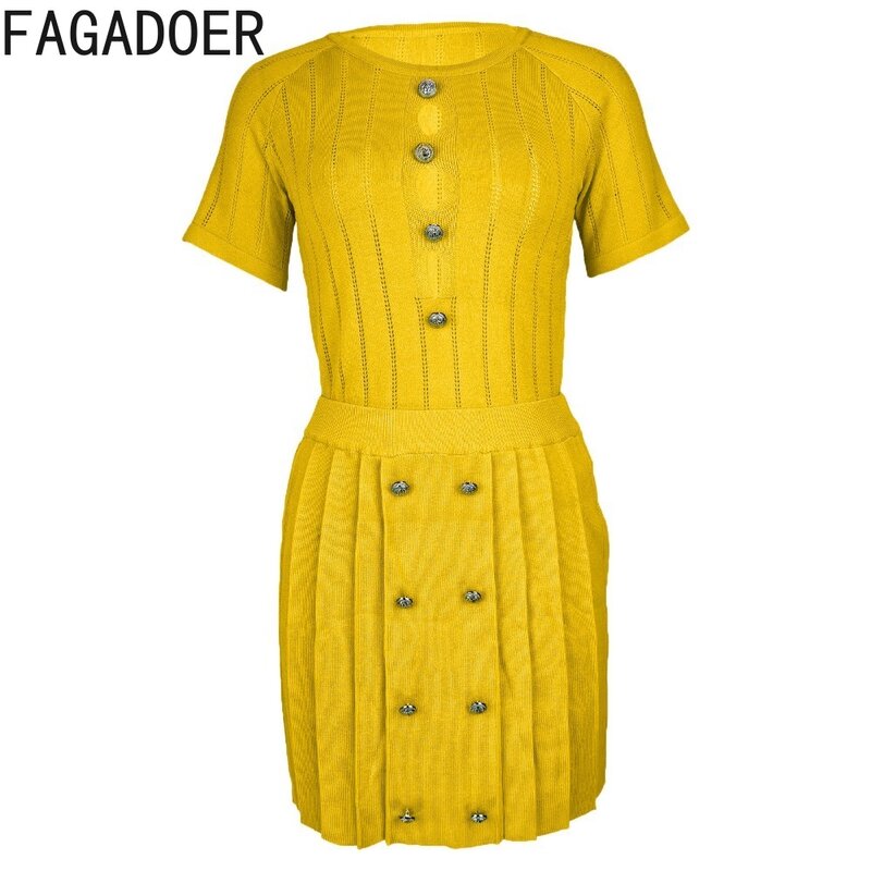 Fagadoer-بلوزة قصيرة وتنورات ذات ثنيات صغيرة للنساء ، طقم من قطعتين ، رقبة مستديرة ، أكمام قصيرة ، حياكة مجوفة ، الموضة