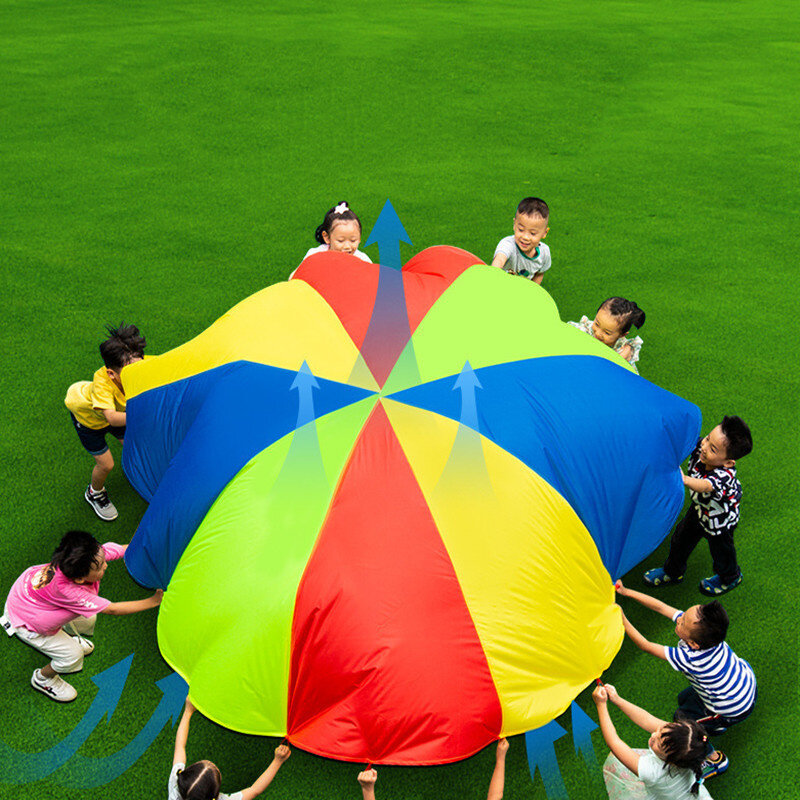 لعبة العمل الجماعي للأطفال في الهواء الطلق بقطر 2 متر/6 متر لعبة دعم المظلة قوس قزح حقيبة القفز ترتد تلعب حصيرة النشاط المدرسي لعبة اللغز