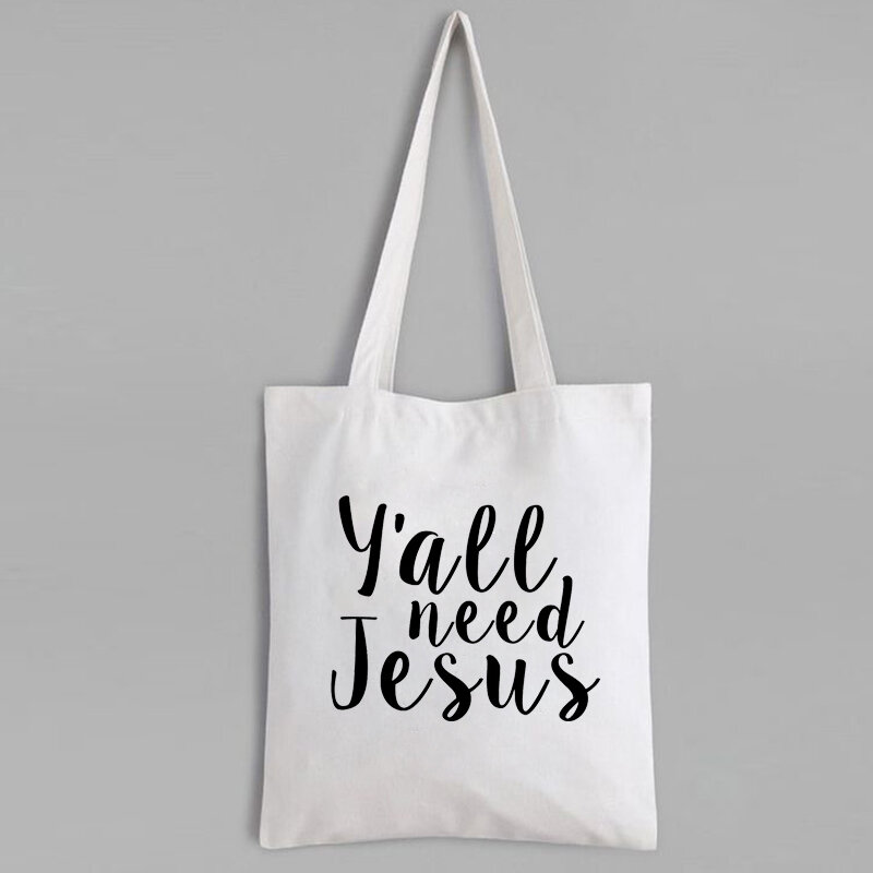 Y'all تحتاج يسوع حقيبة تسوق حقيبة تسوق المسيحية الدينية حقيبة حمل أنيقة يسوع طباعة قابلة لإعادة الاستخدام حقيبة تسوق