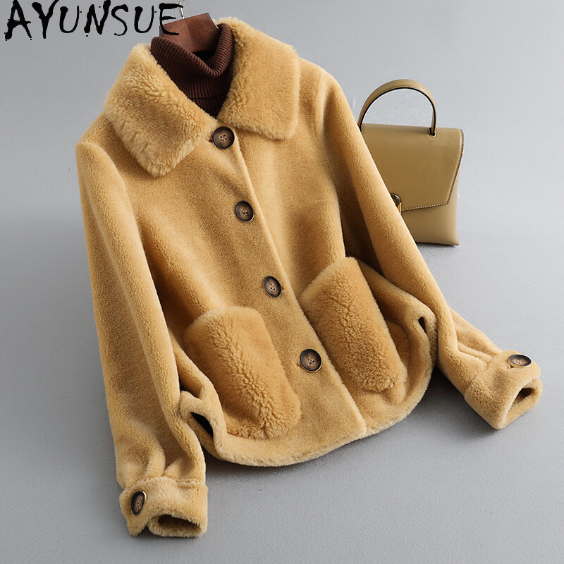 Ayunsu معطف الشتاء 100% الحقيقي الأغنام القص الفراء الإناث الخريف 2021 قصيرة الصوف الستر المرأة الملابس Casaco Feminino Gxy201