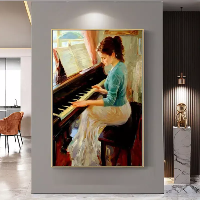 1pc DIY Girl Playing Piano Design 5D Round Diamond Painting, Mosaic Decorative Painting Set