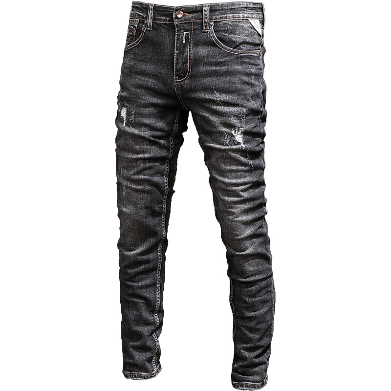 بنطلون جينز للرجال بتصميم عتيق من Streetwear باللونين الأسود والرمادي بتصميم مرن ومناسب وممزق من قماش الدنيم