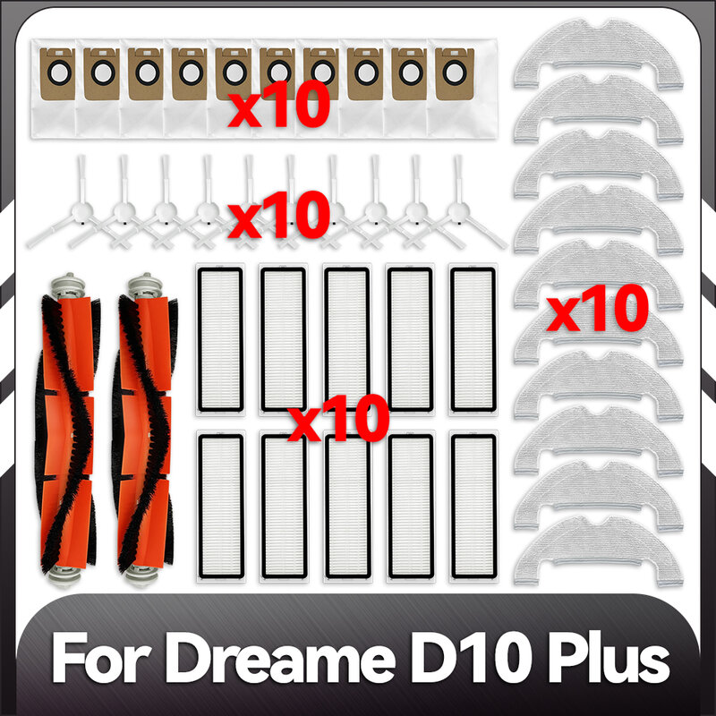 متوافق مع Xiaomi Dreame D10 Plus RLS3D, Z10 Pro, L10 Plus روبوت مكنسة تعويض جانبي فرشاة فلتر هيبا قطعة غيار قماش ممسحة كيس الغبار